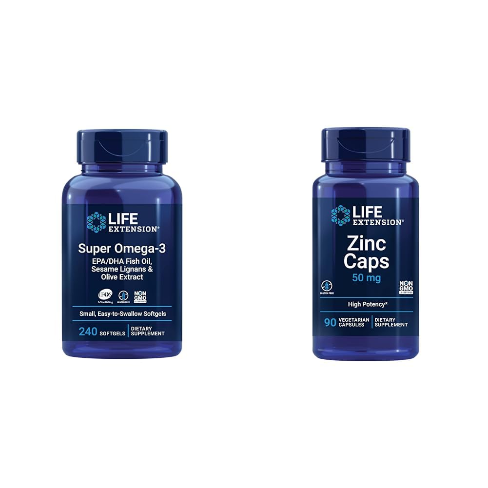 Επέκταση ζωής Super Omega-3 EPA/DHA ιχθυέλαιο, Sesame Lignans & εκχύλισμα ελιάς - Omega 3 συμπλήρωμα & καπάκια ψευδαργύρου, ψευδάργυρος 50 mg, κιτρικό ψευδάργυρο, Υποστήριξη Ανοσοποιητική άμυνα του σώματος