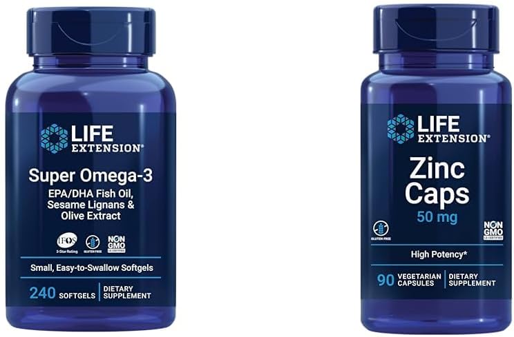 Επέκταση ζωής Super Omega-3 EPA/DHA ιχθυέλαιο, Sesame Lignans & εκχύλισμα ελιάς - Omega 3 συμπλήρωμα & καπάκια ψευδαργύρου, ψευδάργυρος 50 mg, κιτρικό ψευδάργυρο, Υποστήριξη Ανοσοποιητική άμυνα του σώματος