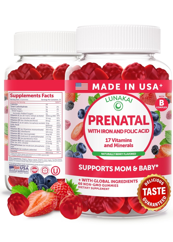 Lunakai USA Made 17-in-1 Prenatal Vitamins for Women with Iron & Folic Acid – Delicious Daily Prenatal Gummies for Maternal Wellness Support, 60ct