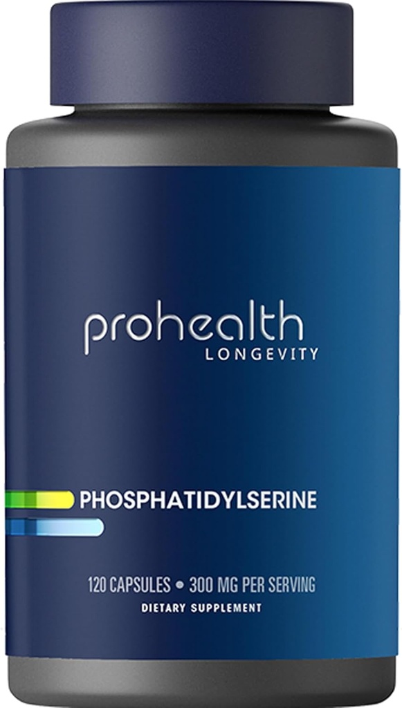 ProHealth Phosphatidylserine. Protects Cognition and Brain Health. Supports Healthy Nervous System Function. Enhances Athletic Performance and Recovery. 300 mg per 2 Cap. Serving, 120 Caps.