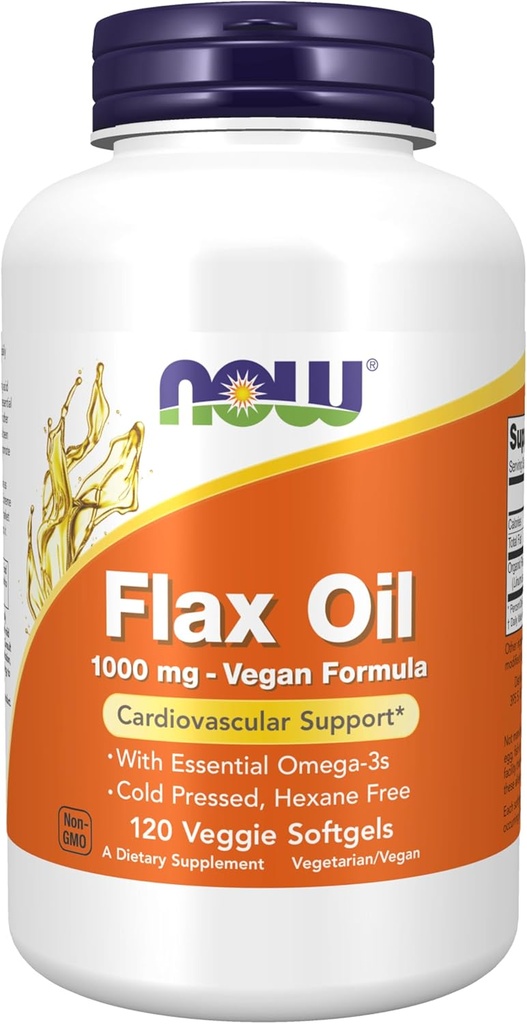 NOW Συμπληρώματα Τροφίμων, Λάδι flax 1000 mg με Απαραίτητα Ωμέγα-3, Ψυχρή πίεση, Hexane Free, Vegan Formula, 120 Veg Softgels