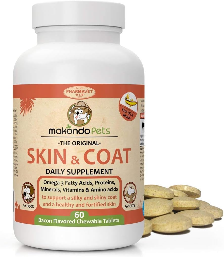 Skin and Coat Supplement with Fish Oil and Omega 3 for Dogs and Cats - Dog Itch Relief Pet Supplement for Shedding, Dry Itchy Skin and Allergies - Dog Allergy Treatment Vitamins (60 Tabs)