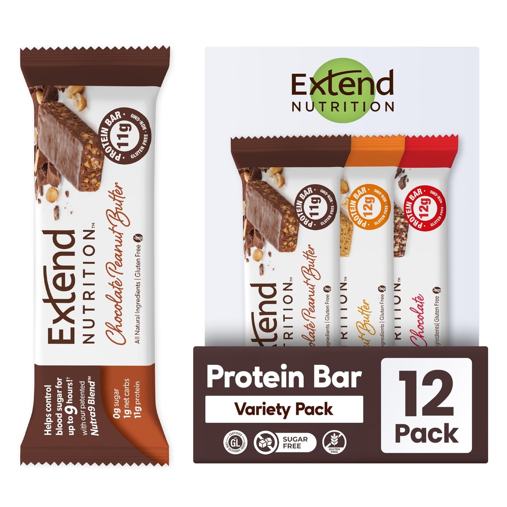 Extend Sugar Free Protein Bars, Perfect Diabetic Snacks, High Protein and Fiber, Hunger Control & Standy Energy, Low Carb, Keto Friendly (12 Count, Variety Pack)