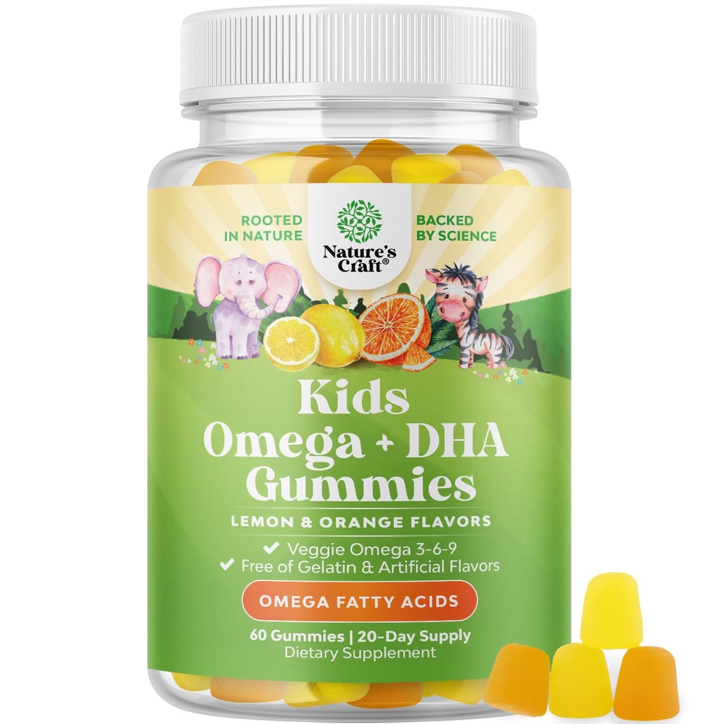 Παιδιά DHA Ωμέγα 3 Gummies - Λιπαρά Οξέα Ωμέγα 3 6 9 για τον εγκέφαλο, την ανοσοδύναμη & την όραση - Διατροφική DHA για τα παιδιά για υγιές νευρικό σύστημα & υποστήριξη εστίασης - Fish Free, Vegan & Non-GMO - 60 Chews