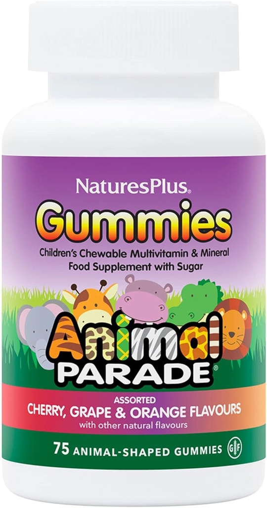 NaturesPlus Ζωική Παρέλαση Πηγή Gummies Ζωής - Φυσικό Πορτοκάλι, Σταφύλι και Κεράσια Γεύσεις - 75 Ζώα Σχηματισμένα Gummies - Ολόκληρα τρόφιμα Πολυβιταμίνη του παιδιού - Χωρίς γλουτένη - 37 Σερβιέτες