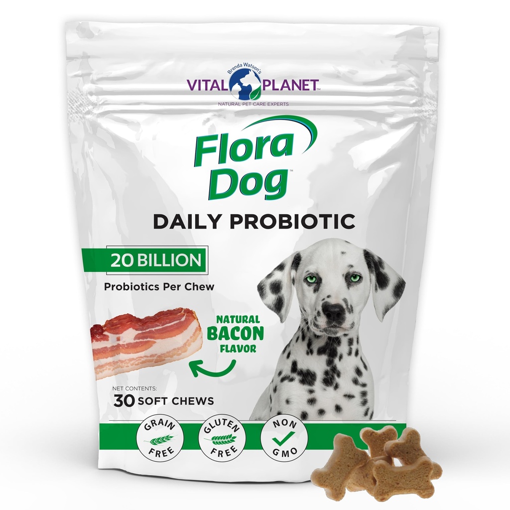 Vital Planet - Flora Dog Probiotics, Chews Dog Συμπλήρωμα με 20 Billion Cultures και 11 Strains, ανοσοποιητική και πειθητική υποστήριξη Chewable Probiotics for Dogs, 30 Φυσικό μπέικον Γεύση μαλακά μάσημα