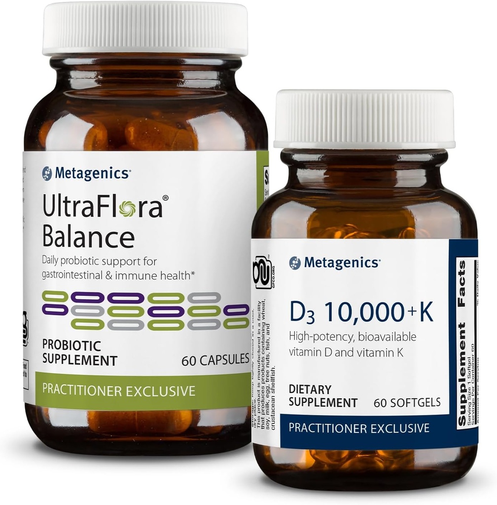 Metagenics Daily Gut and Immune Support Duo: UltraFlora Balance Probiotic for Digestive Health - 60 Κάψουλες & Ανοσολογική Υποστήριξη & Βιταμίνη D3 10.000+ K - 60 Softgels