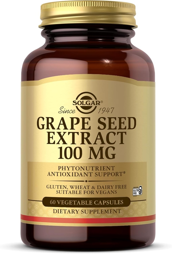 Solgar Grape Seed Extract 100 mg, 60 κάψουλες λαχανικών - Phytonutrient Antioxidant Support - Vegan, Gluten Free, Dairy Free - 60 Σερβιέτες