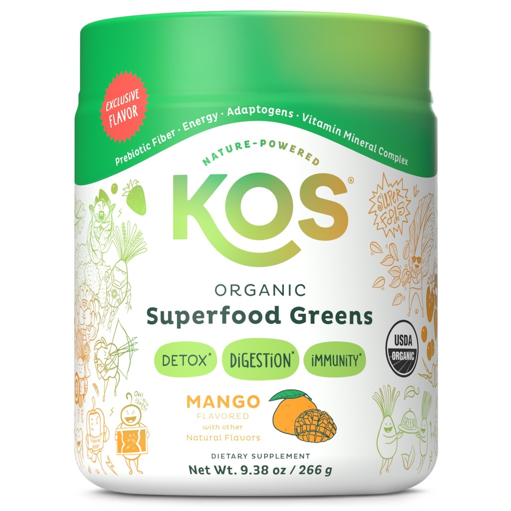 KOS Organic Superfood Greens Powder - Gut Health from Prebiotic Fiber, Supergreens and Adaptogens - USDA Certified Organic, Made in a GMP Certified Facility - 28 Services Mango