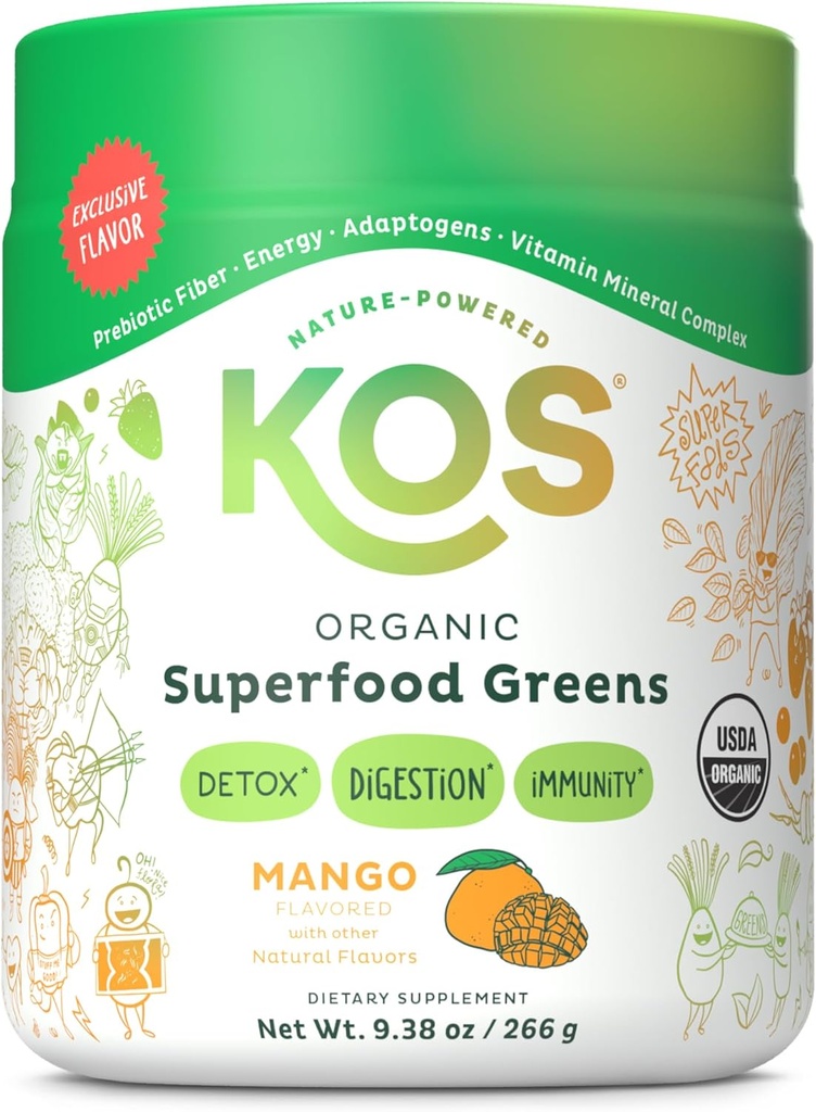 KOS Organic Superfood Greens Powder - Gut Health from Prebiotic Fiber, Supergreens and Adaptogens - USDA Certified Organic, Made in a GMP Certified Facility - 28 Servings Mango