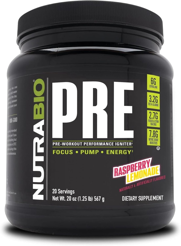 NutraBio PRE Σκόνη προπόνησης - Παλιά Φόρμουλα- Παρατεταμένη ενέργεια, ψυχική εστίαση, αντοχή - Beta Alanine, Creatine, καφεΐνη, ηλεκτρολύτες - 20 Σερβίρει - Λεμονάδα σμέουρων