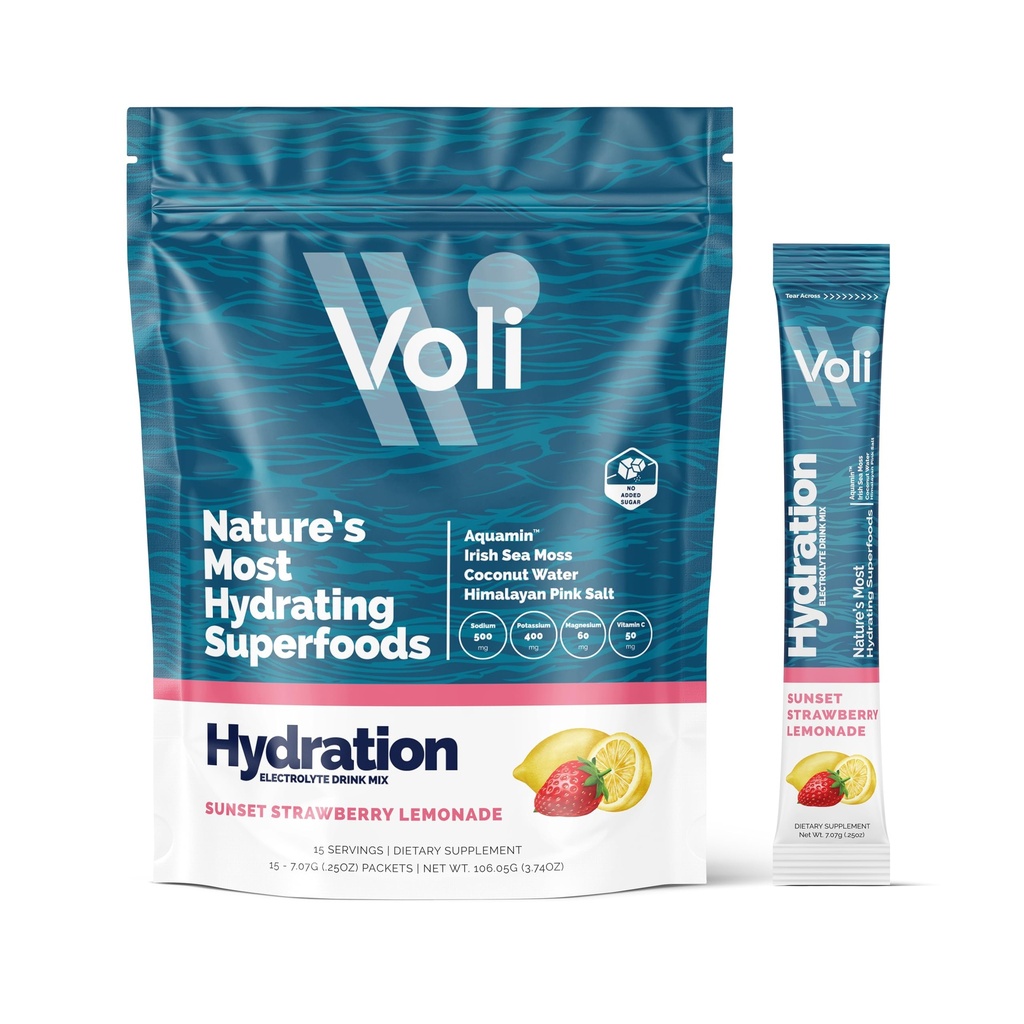 Voli Electrolytes Powder Packets | No Added Sugar Electrolyte Drink Mix for Hydration | Keto & Fasting Friendly, Natural Superfoods & Minerals | Strawberry Lemonade, 15-Count
