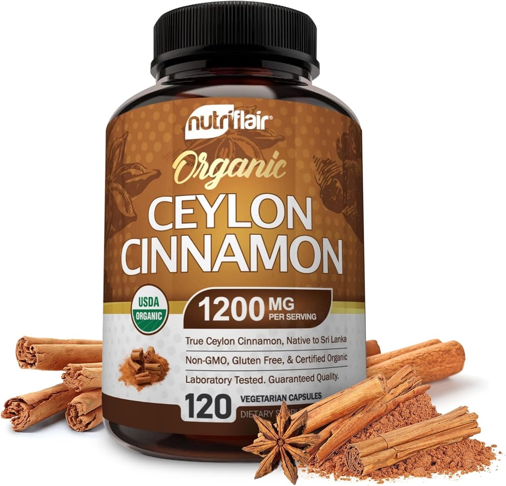 NutriFlair Βιολογικό Ceylon Cinnamon συμπλήρωμα 1200mg, 120 κάψουλες - USDA Certified - Μη ΓΤΟ, Χωρίς γλουτένη σκόνη, αντιοξειδωτικά χάπια