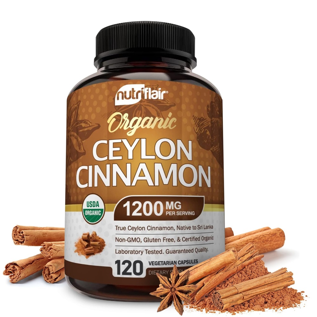 NutriFlair Βιολογικό Ceylon Cinnamon συμπλήρωμα 1200mg, 120 κάψουλες - USDA Certified - Μη ΓΤΟ, Χωρίς γλουτένη σκόνη, αντιοξειδωτικά χάπια
