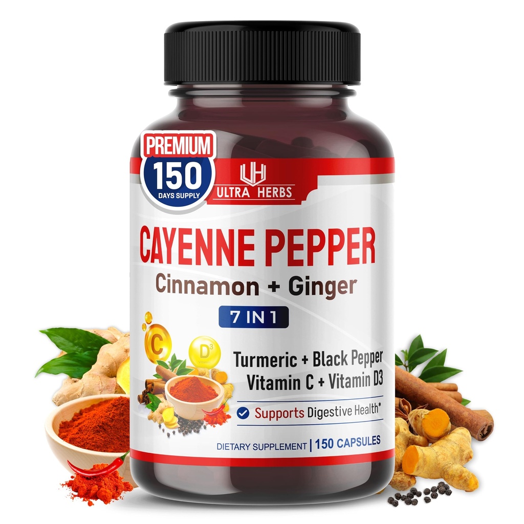 Cayenne Pepper 7 σε 1 - - με Ginger, Turmeric, Cinnamon, Black Pepper - προωθεί τη λειτουργία του συστήματος Digestive (προμήθεια 150 ημερών (πακέτο του 1))