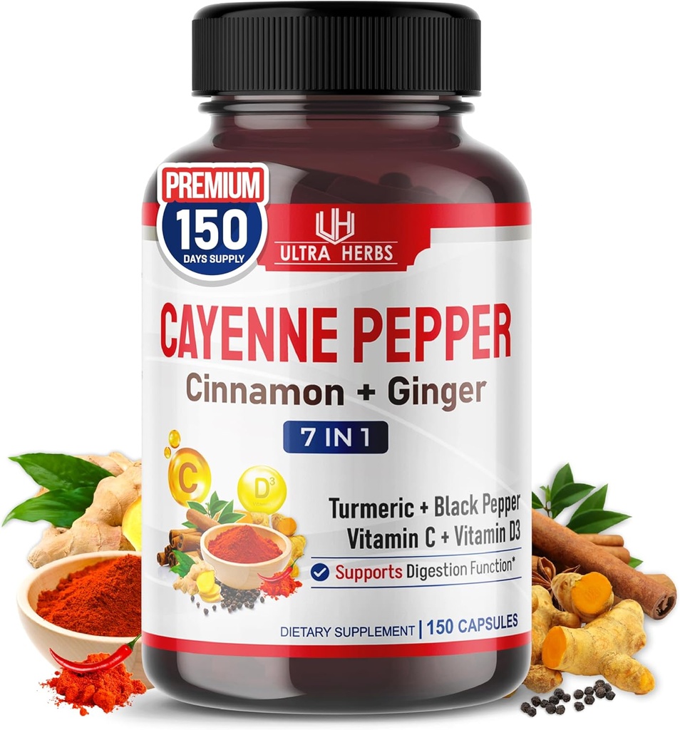 Cayenne Pepper 7 σε 1 - - με Ginger, Turmeric, Cinnamon, Black Pepper - προωθεί τη λειτουργία του συστήματος Digestive (προμήθεια 150 ημερών (πακέτο του 1))
