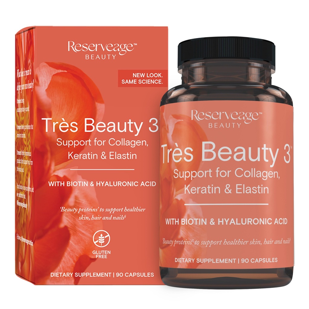 Reservage Nutrition - Tres Beauty 3 - Συμπλήρωμα για την ανάπτυξη των μαλλιών, φροντίδα του δέρματος & φροντίδα των νυχιών - συμπλήρωμα κολλαγόνου με κερατίνη & βιοτίνη - Χωρίς γλουτένη - 90 κάψουλες (30 σερβίτσια)