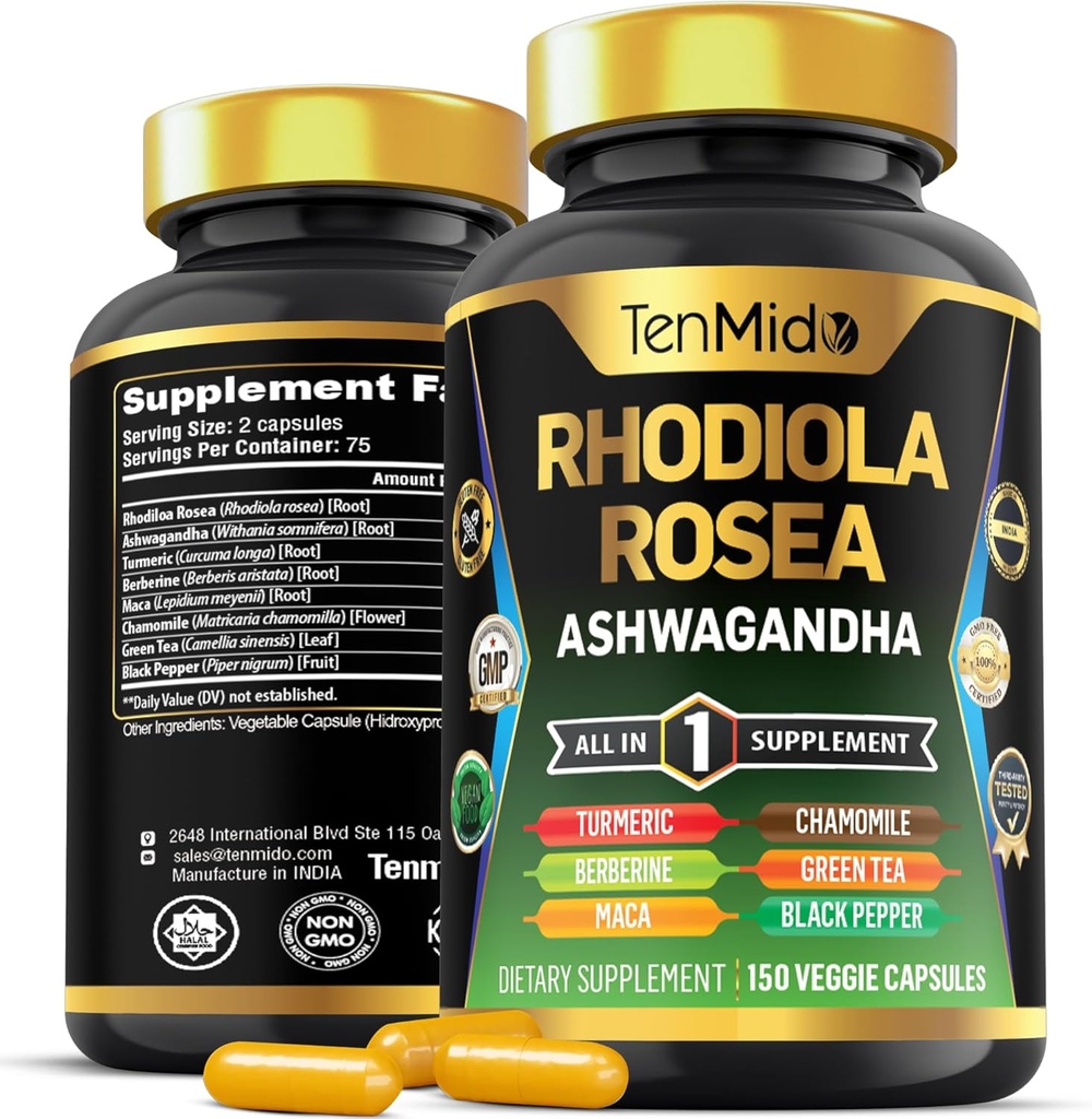 Rhodiola Rosea συμπλήρωμα - 8in1 Formula - Συνδυάστε με Ashwagandha, Turmeric, Berberine, Maca, χαμομήλι, πράσινο τσάι, και μαύρο πιπέρι - θρεπτικά πλούσια - 150 κάψουλες Vegan