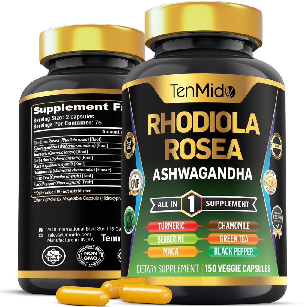Rhodiola Rosea Supplement - 8in1 Formula - Combine with Ashwagandha, Turmeric, Berberine, Maca, Chamomile, Green Tea, and Black Pepper - Nutrient Rich - 150 Vegan Capsules