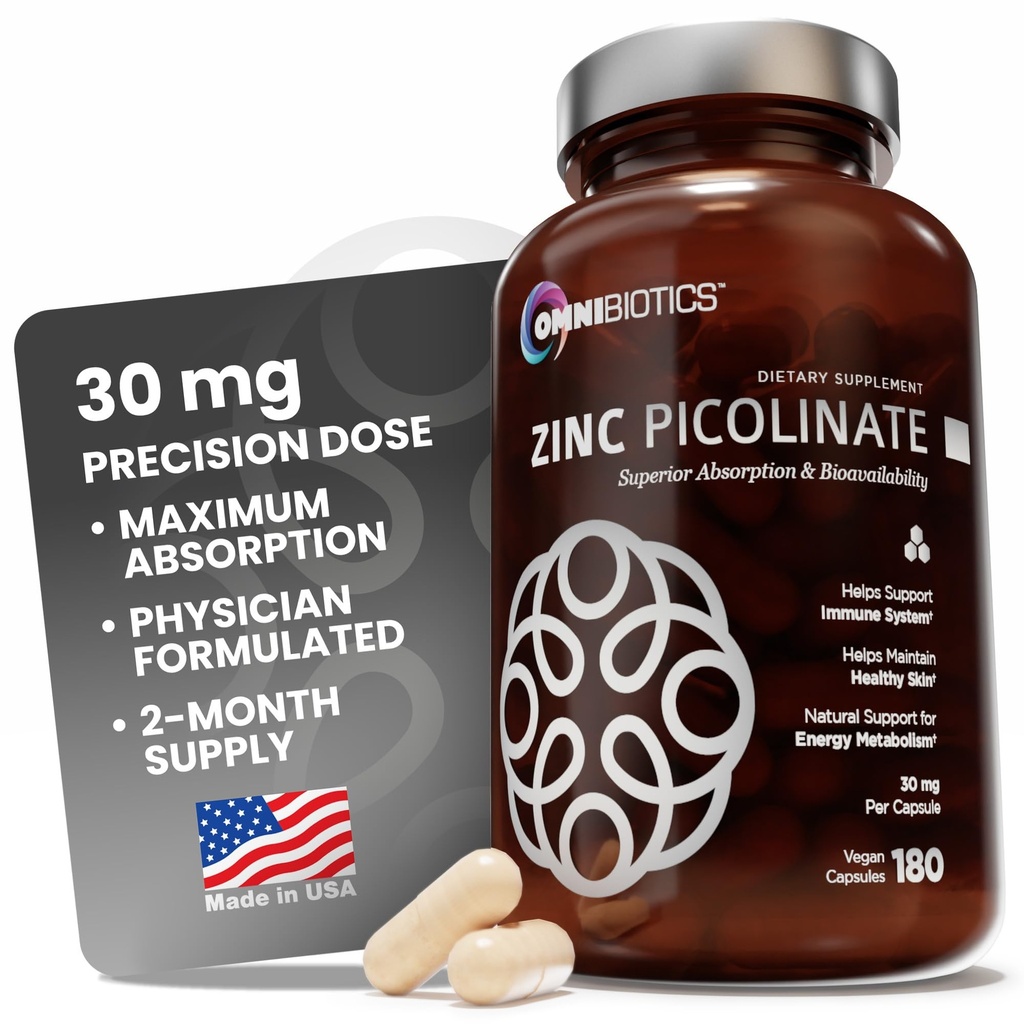 OmniBiotics Zinc Picolinate 30mg Supplement – High Absorption Zinc for Immune System, Healthy Skin, and Energy Support – 180 Vegan Capsules