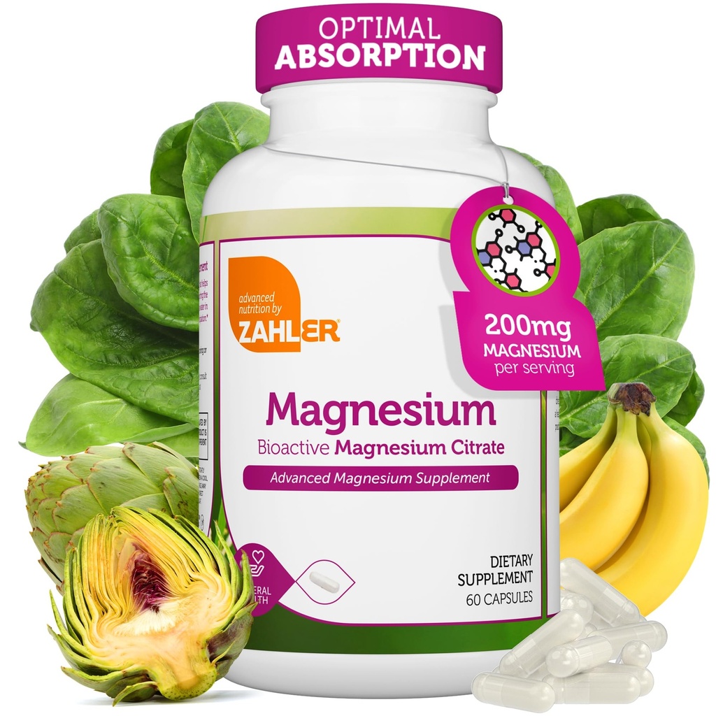 Zahler - Magnesium Supplement Capsules 200 mg (60 Count) Certified Kosher Bioactive Magnesium Citrate for Max Absorption - Natural Magnesium Mineral for Men & Women - Best Magnesium Supplements