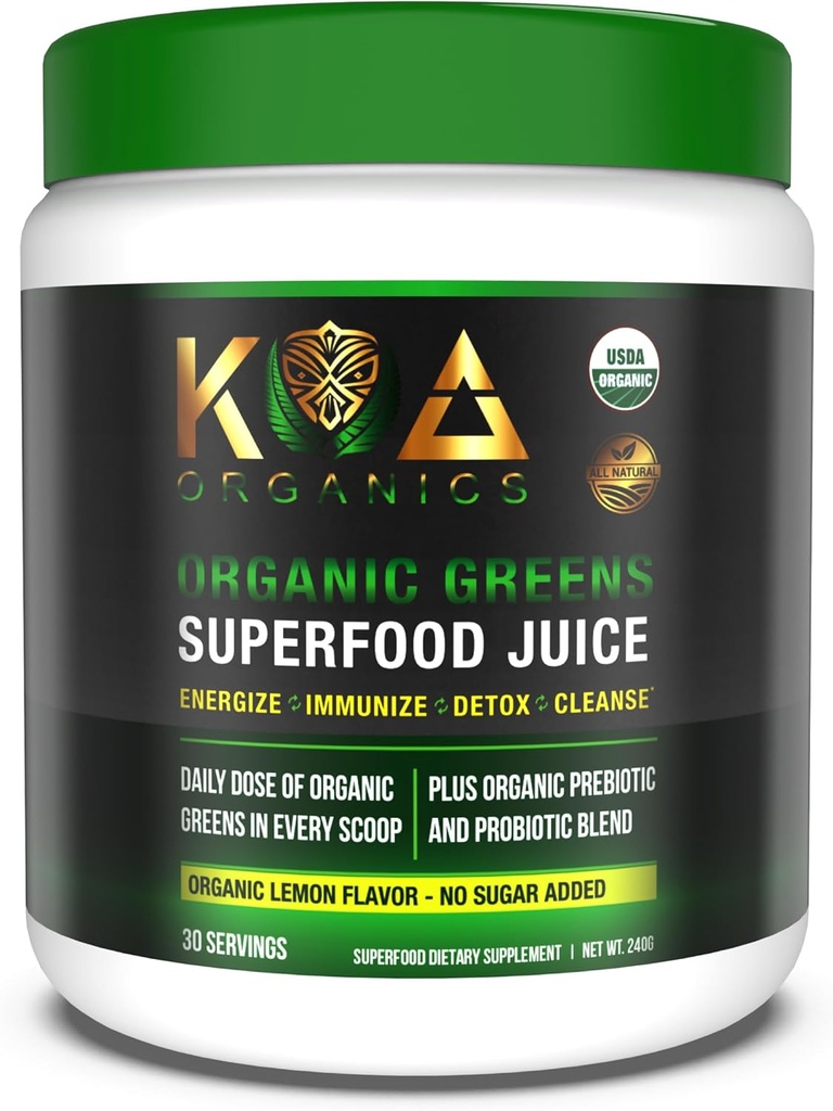 Πράσινα Superfood Juice Powder - USDA Organic Super Greens Powder με Spirulina, Chlorella, Matcha, Σιτάρι Grass, Digestive Enzymes & Probiotics - Γεύση Λεμονιού -30 ServQ