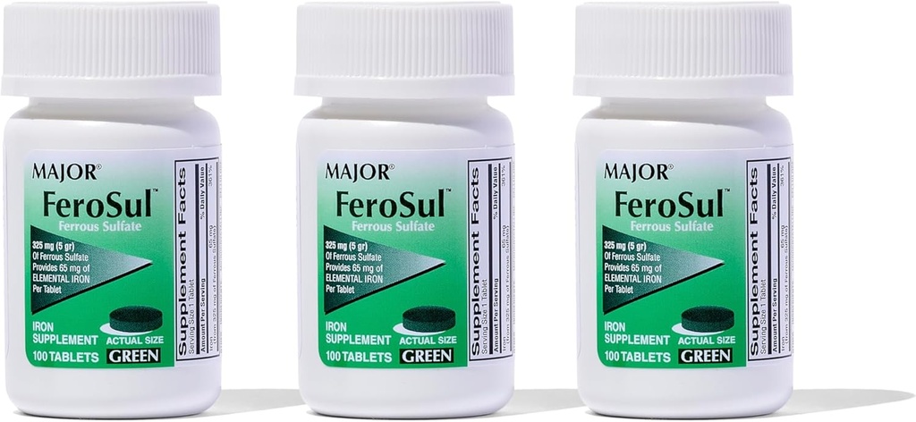 Major Ferosul - Σιδήρου Sulfate 325mg Δισκία με 65mg Στοιχειώδους Σιδήρου - Συμπλήρωμα σιδήρου για γυναίκες, άνδρες - πράσινο - 100 δισκία (3 Συσκευασία)