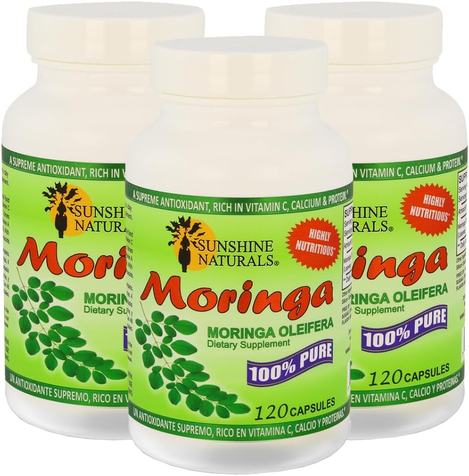 Sunshine Naturals Moringa συμπλήρωμα διατροφής. Βοήθεια ανοσοποιητικού συστήματος, ενισχυτής ενέργειας, αντιοξειδωτική υποστήριξη, και Nutrient-Rich Superfood. Προωθεί Digestion και Heart Health. 120 κάψουλες. Συσκευασία των 3