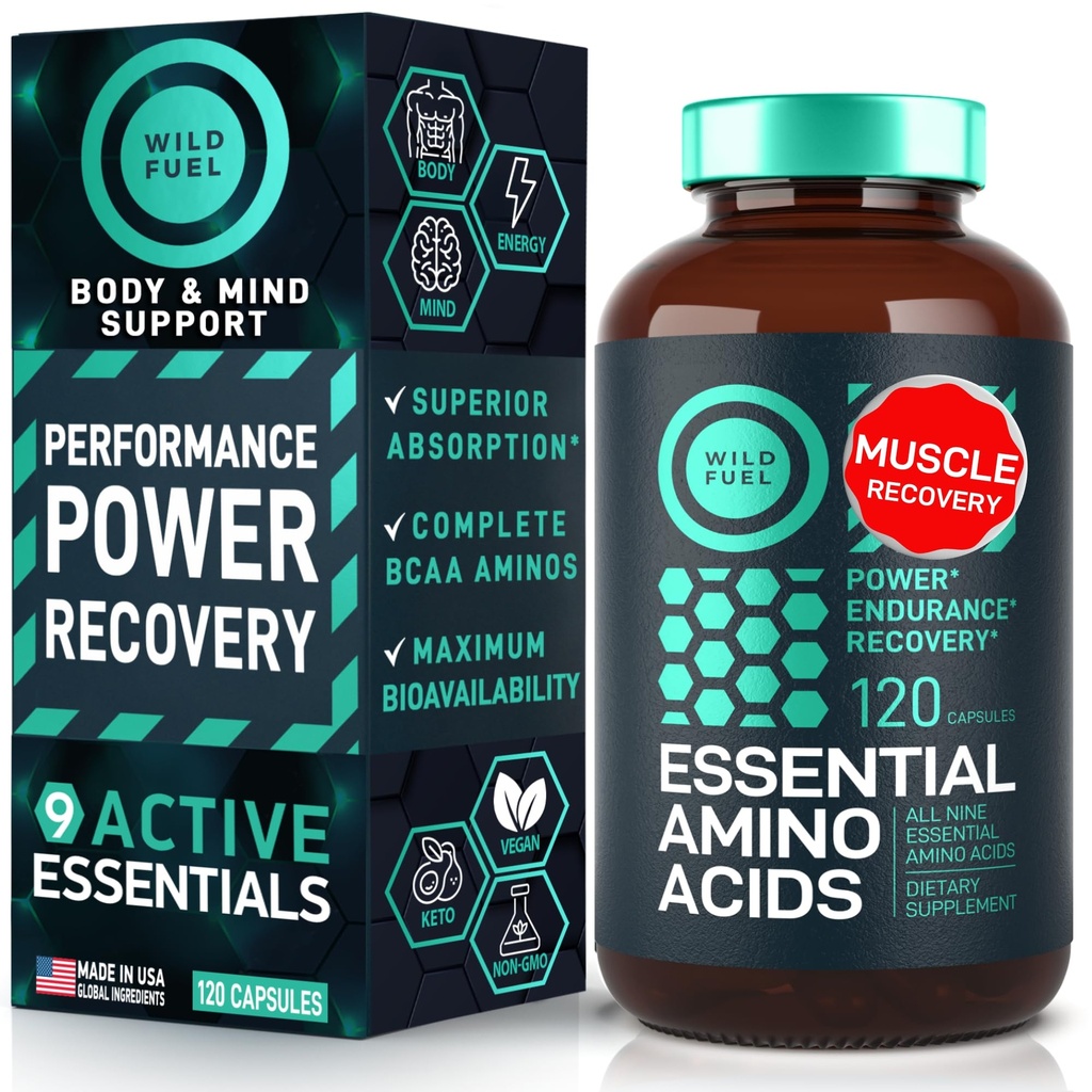 Essential Amino Acids Supplement - Όλα τα 9 EAAs με BCAAs Amino Acids (Λευκίνη, Λυσίνη, Βαλίνη, Θρεονίνη) - 3.000mg ανά υπηρεσία - μυϊκή ανάπτυξη, δύναμη, ανάκτηση - 120 Vegan, Καφεΐνη Δωρεάν κάψουλες