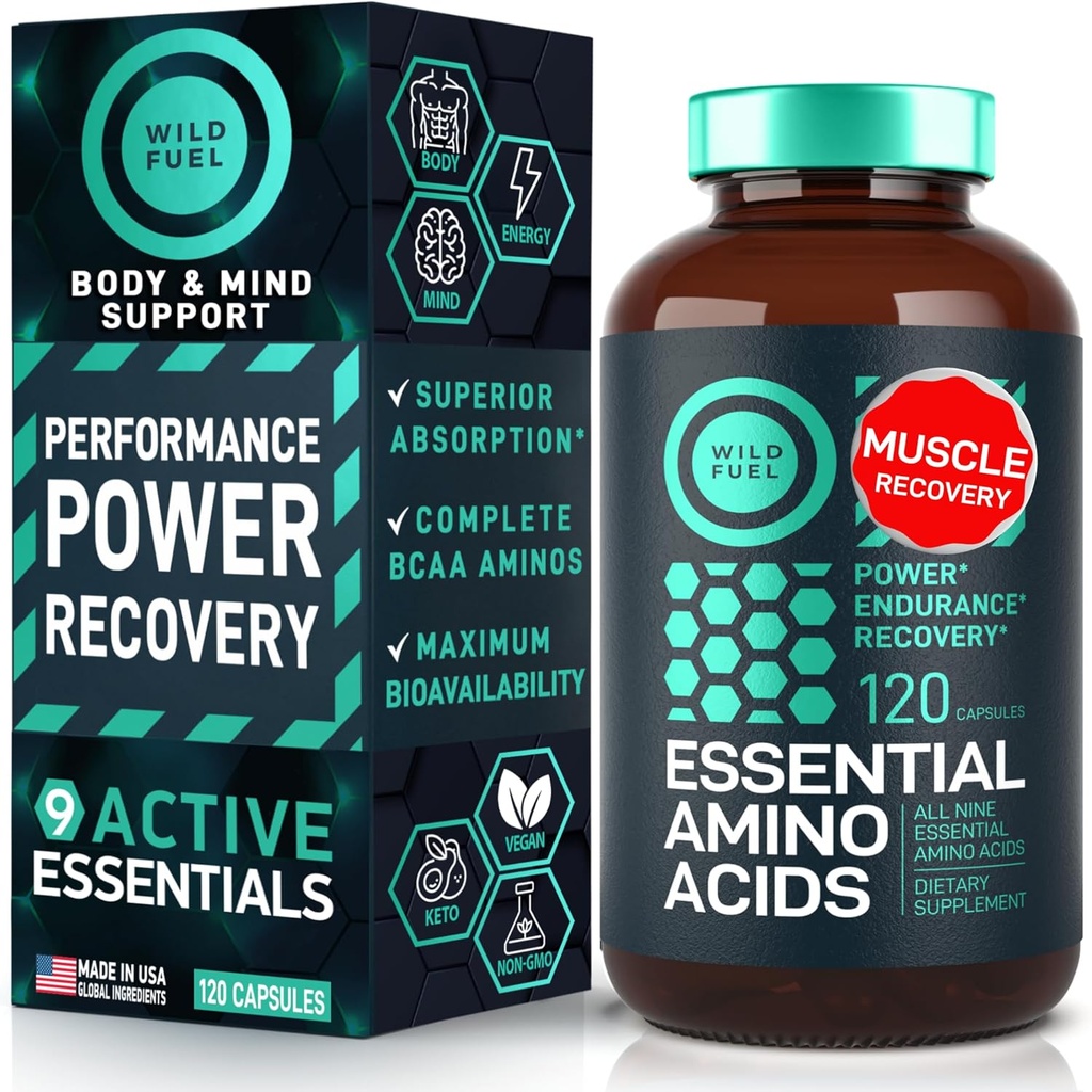 Essential Amino Acids Supplement - Όλα τα 9 EAAs με BCAAs Amino Acids (Λευκίνη, Λυσίνη, Βαλίνη, Θρεονίνη) - 3.000mg ανά υπηρεσία - μυϊκή ανάπτυξη, δύναμη, ανάκτηση - 120 Vegan, Καφεΐνη Δωρεάν κάψουλες