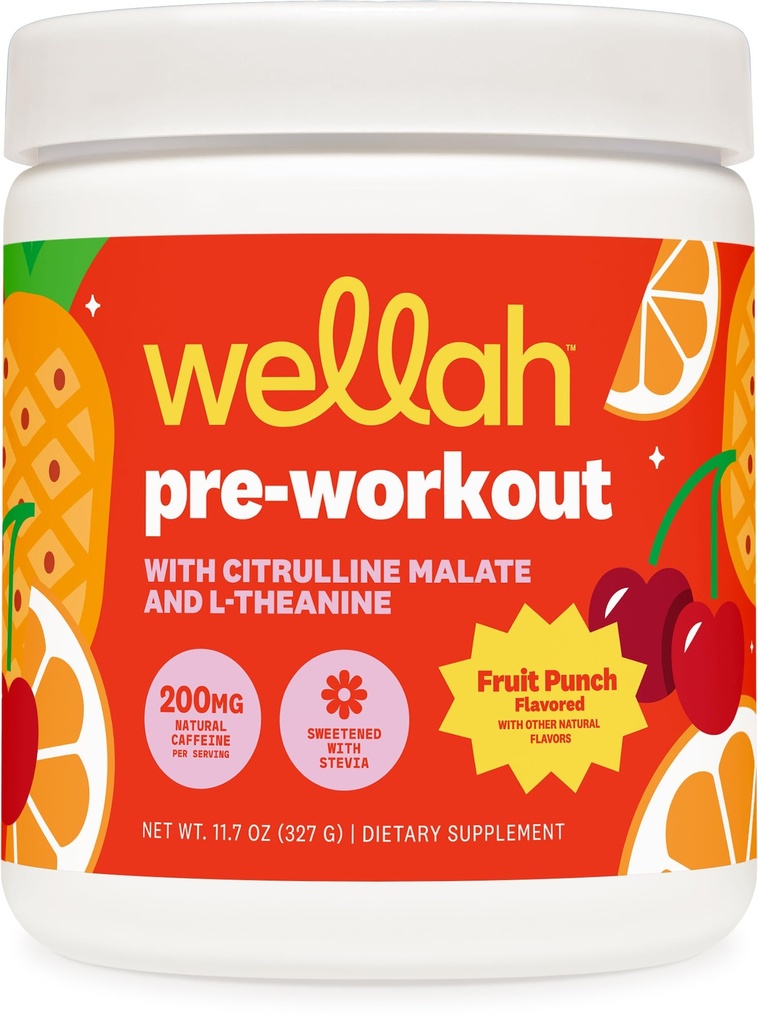Wellah Pre-Workout Drink Mix (Fruit Punch Flavored, 30 Servings) - with Citrulline Malate and L-Theanine, 200mg of Natural Caffeine & 1000mg of Beta-Alanine