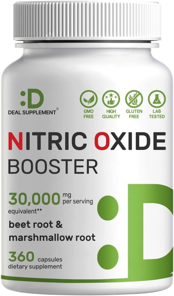 DEAL SUPPLEMENT Nitric Oxide Booster 30,000mg Equivalent, 360 Capsules – Natural Beet Root & Marshmallow Root Herbal Blend – Promotes Nutrient Flow to Muscles & Heart – Non-GMO