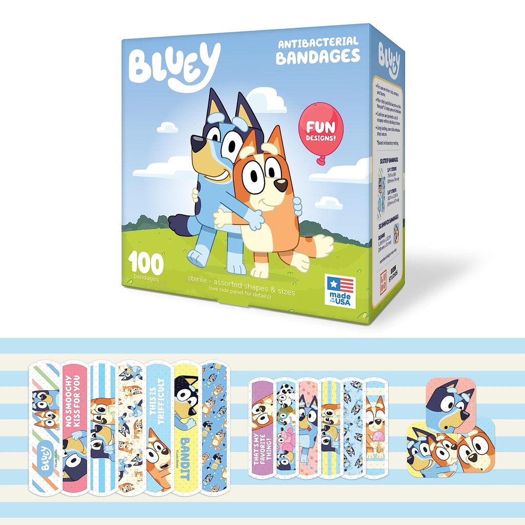 Bluey Kids Adhesive Bandages, 3 Assorted Sizes, 100 Count | For Minor Cuts, Scrapes, & Burns. Great for Birthdays, School Supplies, Stickers, Stocking Stuffers & White Elephant Gifts