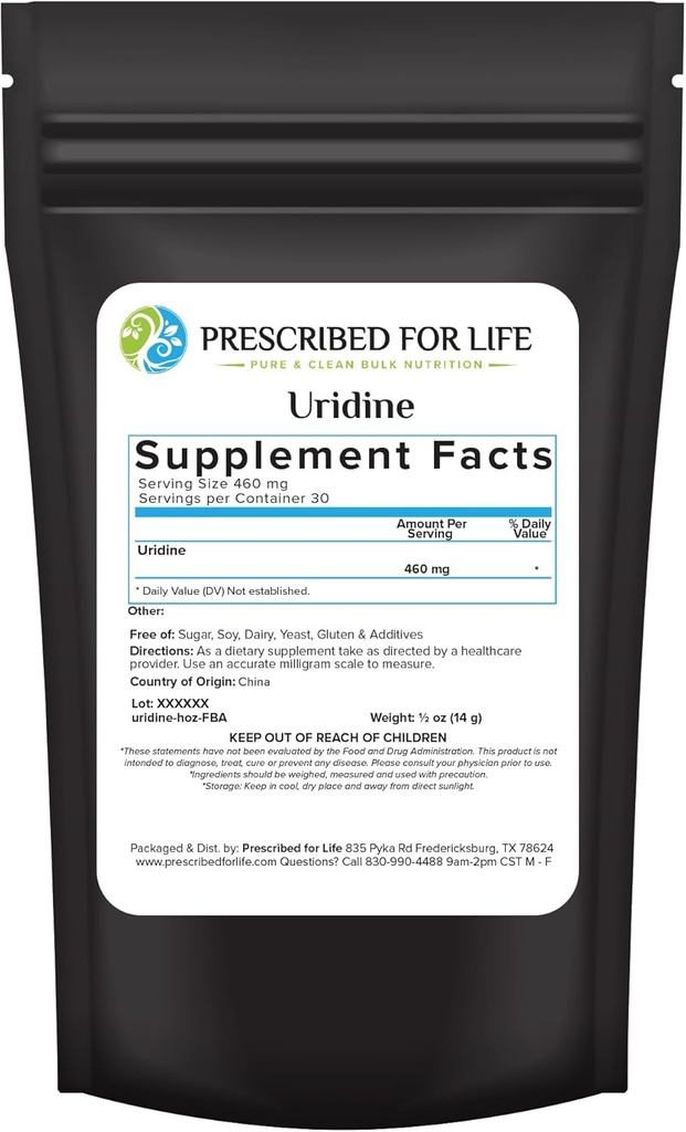 Prescribed For Life Uridine, Pure Uridine Monophosphate Powder, Nootropic Supplement for Memory, Clarity, & Focus, No Fillers, No Additives, Vegan, Non GMO (0.5oz / 14g)