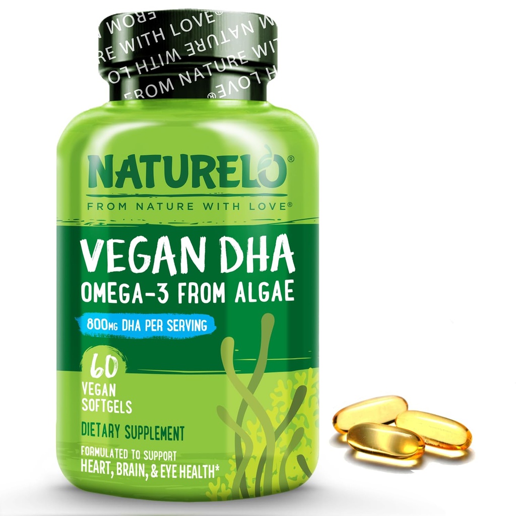 NATURELO Vegan DHA - Ωμέγα 3 Έλαιο από άλγη - Συμπλήρωμα για τον εγκέφαλο, την καρδιά, τον σύνδεσμο, την υγεία των ματιών - Παρέχει απαραίτητα λιπαρά οξέα για γυναίκες, άνδρες και παιδιά - Συμπληρώνει προγεννητικές βιταμίνες - 60 Softgels