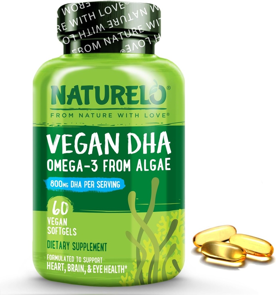 NATURELO Vegan DHA - Ωμέγα 3 Έλαιο από άλγη - Συμπλήρωμα για τον εγκέφαλο, την καρδιά, τον σύνδεσμο, την υγεία των ματιών - Παρέχει απαραίτητα λιπαρά οξέα για γυναίκες, άνδρες και παιδιά - Συμπληρώνει προγεννητικές βιταμίνες - 60 Softgels