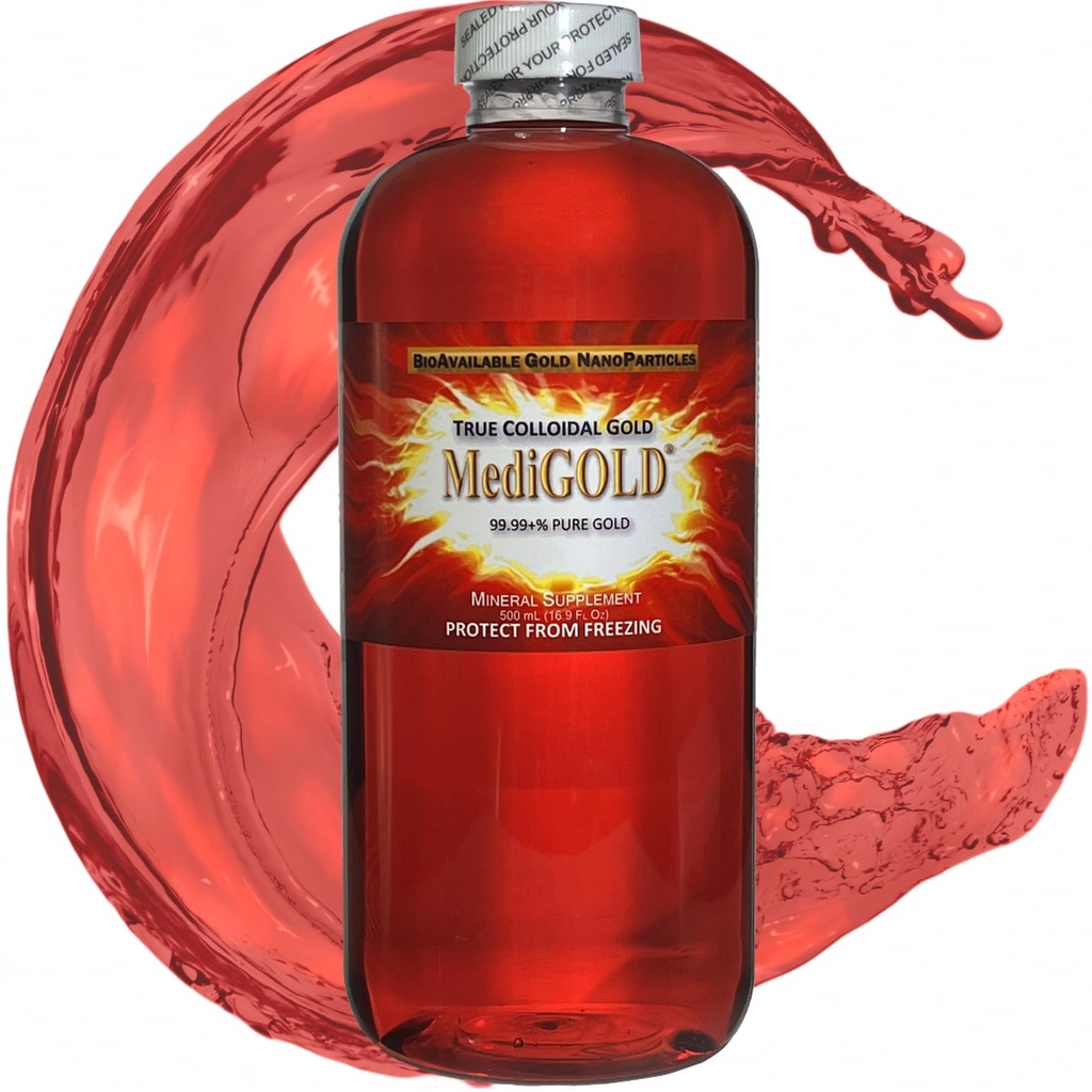 Medigold® Αληθινό κολλοειδές χρυσό AuNP συμπλήρωμα διατροφής - 500 mL σε σαφές πλαστικό μπουκάλι