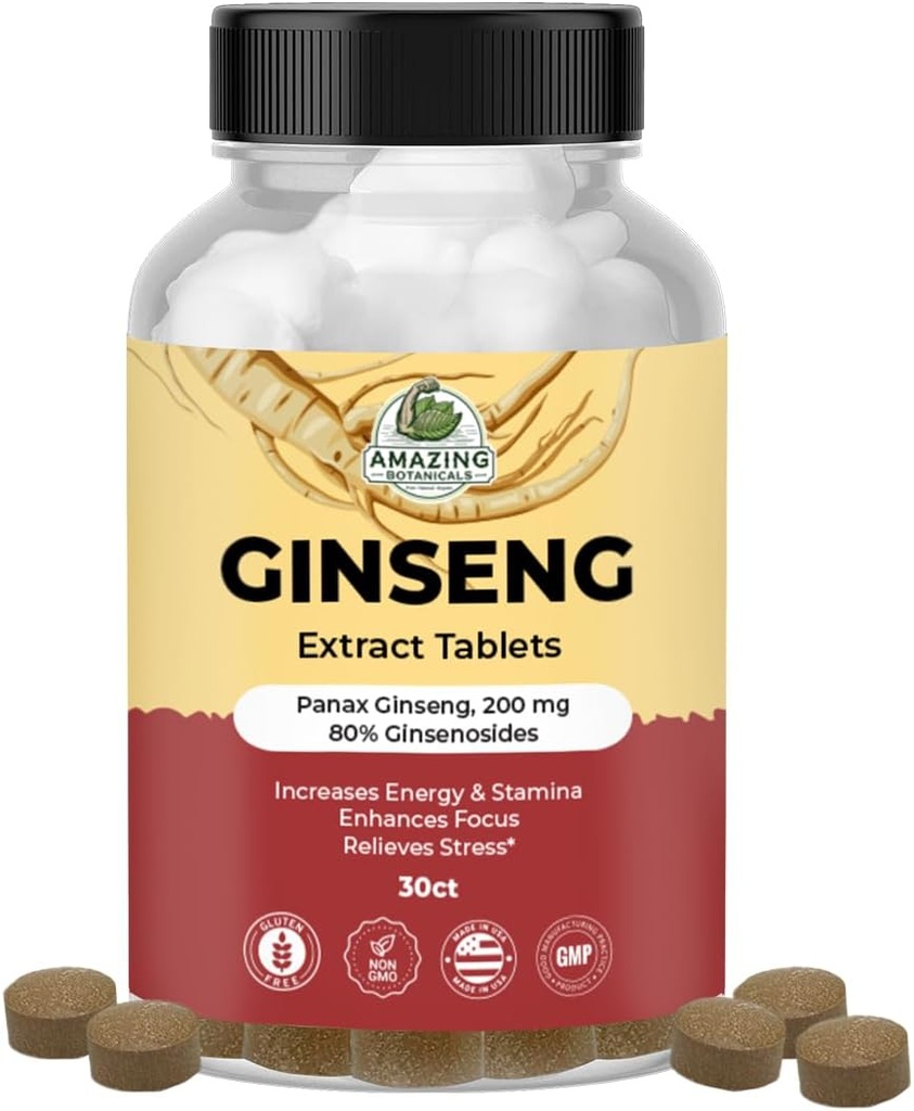 Amazing Botanicals Panax Ginseng Extract Tablets - 200mg Highly Potent 80% Ginsenosides for Energy & Relaxation - Natural Herbal Supplement for Cognitive Booster - 30 Tablets