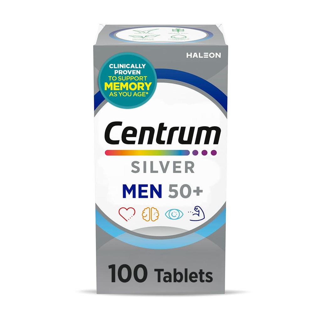 Centrum Silver Multivitamin για άνδρες 50 Plus, Multimineral συμπλήρωμα, βιταμίνη D3, Β-βιταμίνες και ψευδάργυρος, χωρίς γλουτένη, μη ΓΤΟ συστατικά, υποστηρίζει τη μνήμη και τη γνώση σε ηλικιωμένους ενήλικες - 100 Ct