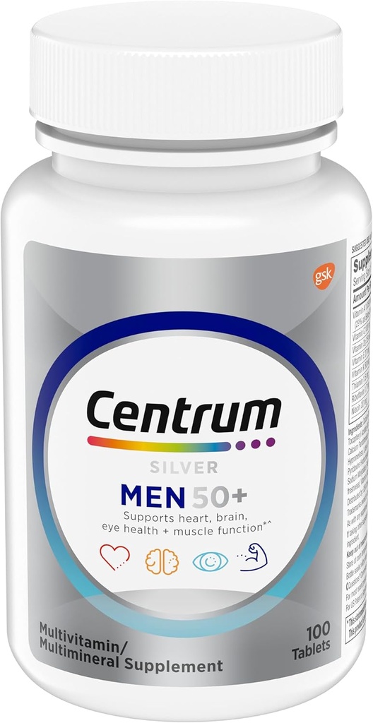Centrum Silver Multivitamin για άνδρες 50 Plus, Multimineral συμπλήρωμα, βιταμίνη D3, Β-βιταμίνες και ψευδάργυρος, χωρίς γλουτένη, μη ΓΤΟ συστατικά, υποστηρίζει τη μνήμη και τη γνώση σε ηλικιωμένους ενήλικες - 100 Ct