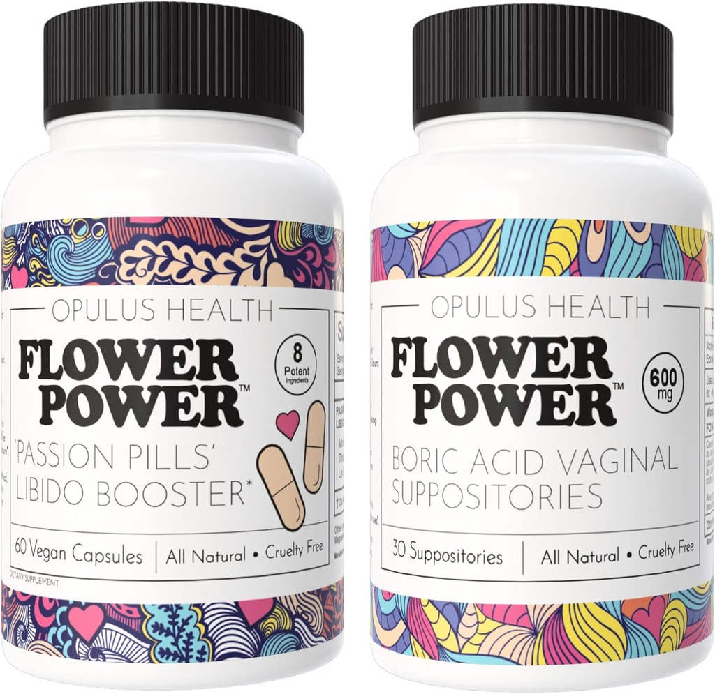 Flower Power - Passion Pills Libido Booster & Boric Acid Suppositories – All-Natural Feminine Care Bundle for Enhanced Libido, Odor Control, and Balanced Vaginal Health – 60 Vegan Capsules, 600mg – Ma