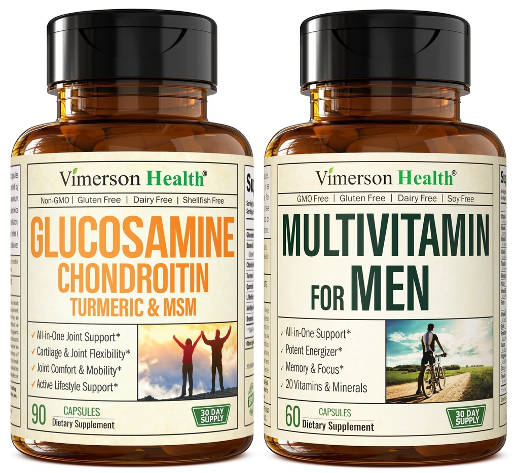 Glucosamine Chondroitin Turmeric MSM + Men’s Multivitamin 2-Bottle Supplement Bundle for Him. Joint Health, Inflammatory Response, Immune Support, Antioxidant Properties