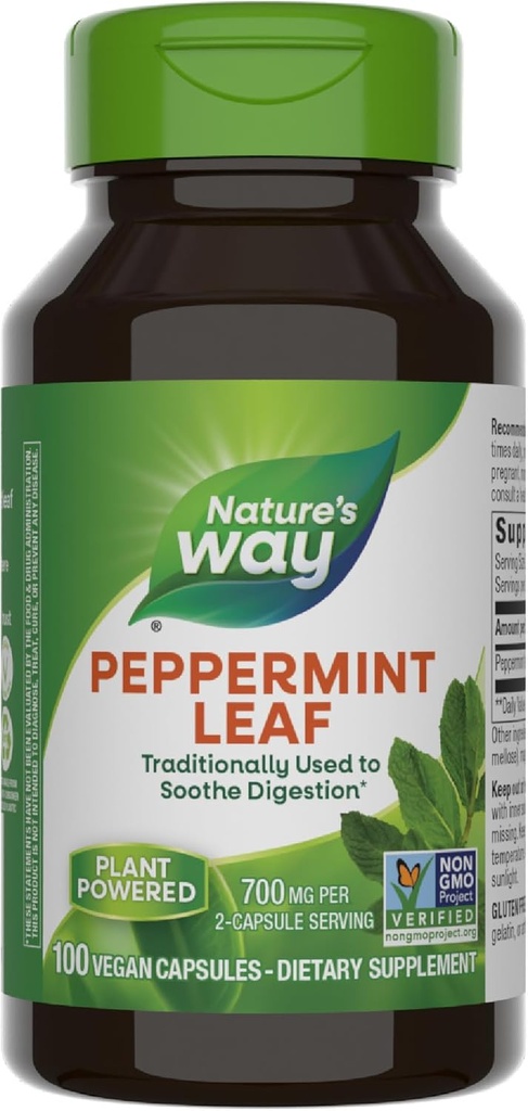Nature's Way Peppermint Leaf, παραδοσιακά χρησιμοποιείται για Soothe Digestion*, 700 mg ανά 2-Capsule Σερβίρισμα, συμπλήρωμα μέντας, Μη GMO έργο Επαληθευμένο, 100 Vegan κάψουλες (Packaging May Vary)