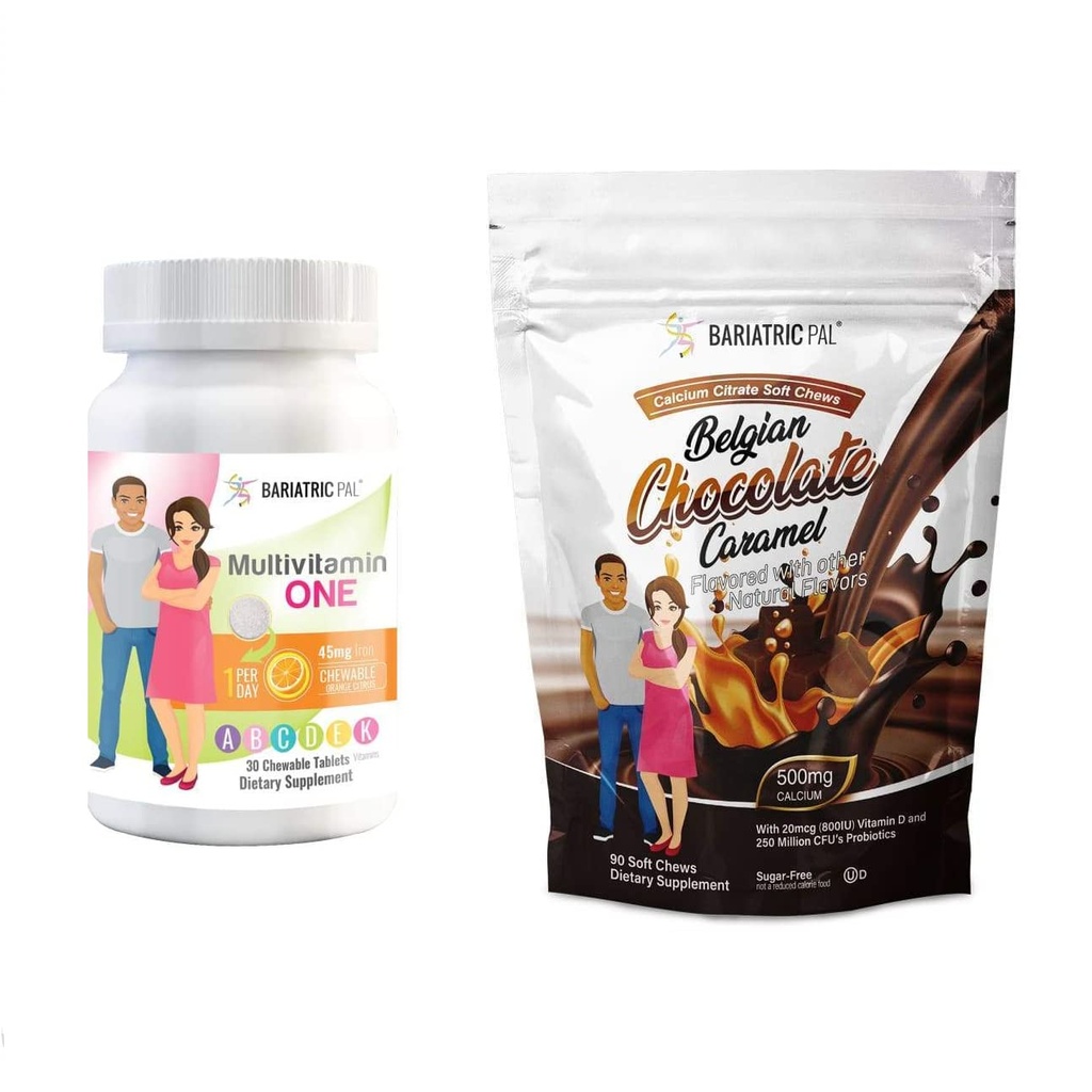 BariatricPal 30-Day Bariatric Vitamin Bundle (Πολυβιταμίνη 1 ανά ημέρα! με 45 mg σιδήρου Μασώμενα - Πορτοκαλί εσπεριδοειδή και ασβέστιο κιτρικό μαλακό μάσημα 500mg με προβιοτικά - βελγική σοκολάτα καραμέλ)