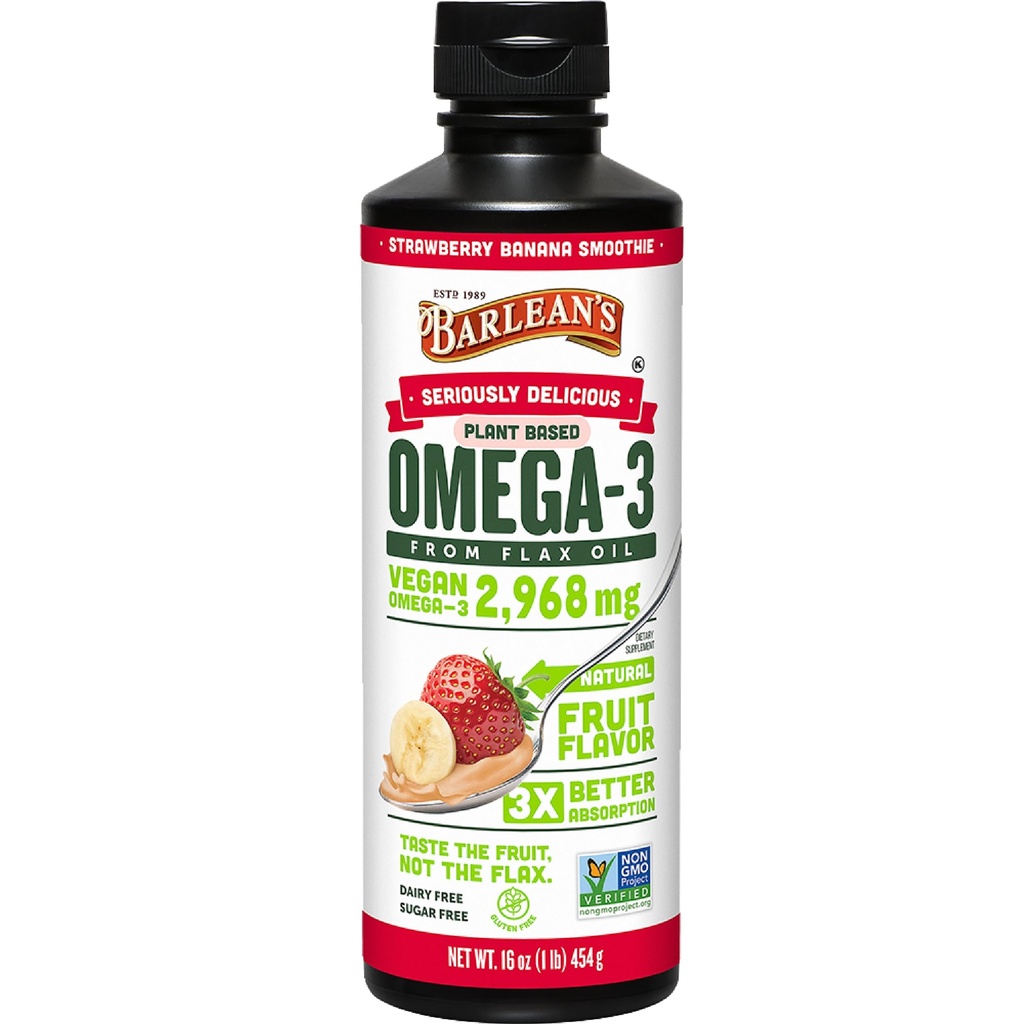 Vegan Omega 3 6 9 Flaxseed Oil Liquid Supplement, Φράουλα Μπανάνα Smoothie, Λάδι λιναρόσπορου με 2,968 mg ALA Λιπαρά οξέα, μη ΓΤΟ και Χωρίς γλουτένη, 16 oz