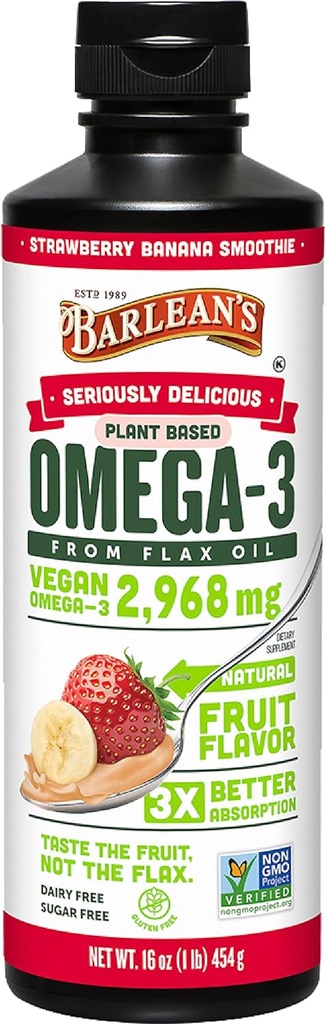Vegan Omega 3 6 9 Flaxseed Oil Liquid Supplement, Φράουλα Μπανάνα Smoothie, Λάδι λιναρόσπορου με 2,968 mg ALA Λιπαρά οξέα, μη ΓΤΟ και Χωρίς γλουτένη, 16 oz