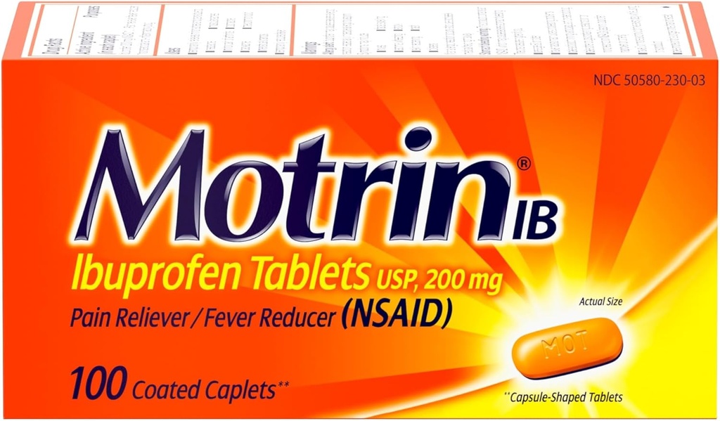 Motrin IB, Ibuprofen 200mg Δισκία, Αναπνευστήρας & Πυρετός για μυϊκούς πόνους, Πονοκέφαλος, Οσφυαλγία, Εμμηνορρυϊκές κράμπες & Μικρή Αρθρίτιδα Πόνος, ΜΣΑΦ, 100 Ct