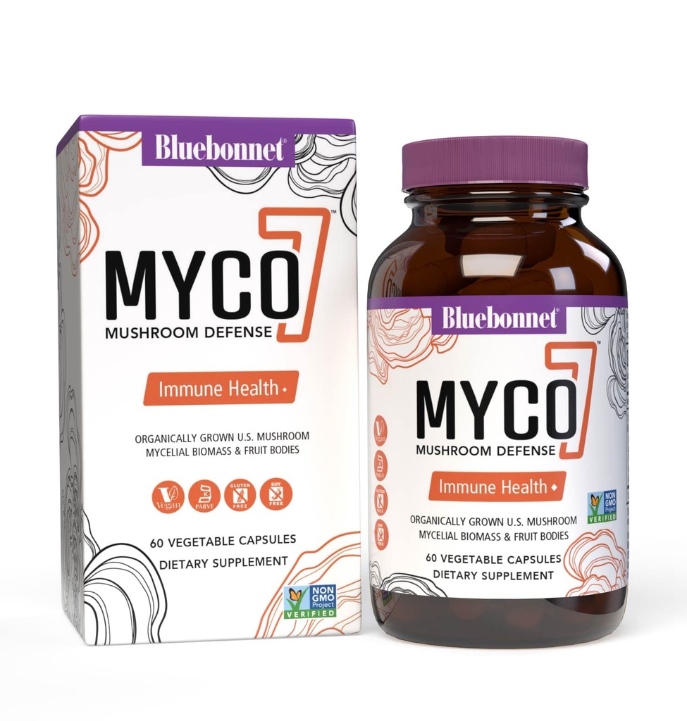 BlueBonnet Nutrition Myco-7 Mushroom Defense – 7 Βιολογικά Καλλιεργούνται Η.Π.Α. Ολόκληρα, Πλήρη Μανιτάριαcle για Ανοσοποιητικό & Ευεξία - Χωρίς σόγια, Χωρίς γλουτένη, Μη ΓΤΟ, Κοσέρ και Vegan – 60 Καψάκια λαχανικών