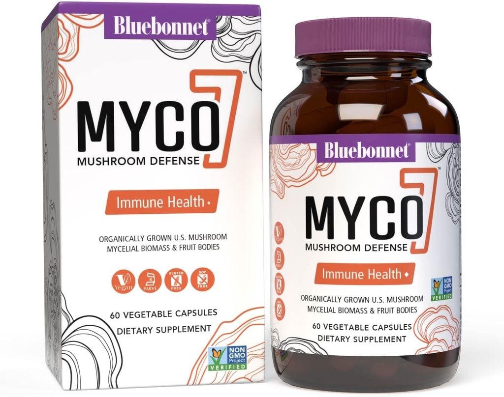 BlueBonnet Nutrition Myco-7 Mushroom Defense – 7 Βιολογικά Καλλιεργούνται Η.Π.Α. Ολόκληρα, Πλήρη Μανιτάριαcle για Ανοσοποιητικό & Ευεξία - Χωρίς σόγια, Χωρίς γλουτένη, Μη ΓΤΟ, Κοσέρ και Vegan – 60 Καψάκια λαχανικών