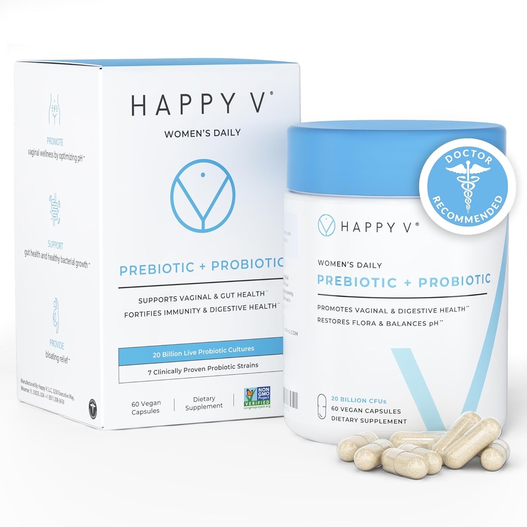 Happy V Dr. Formulated Vaginal Probiotics for Women Odor & Itch Support, Urinary & Gut Health, pH Balance 